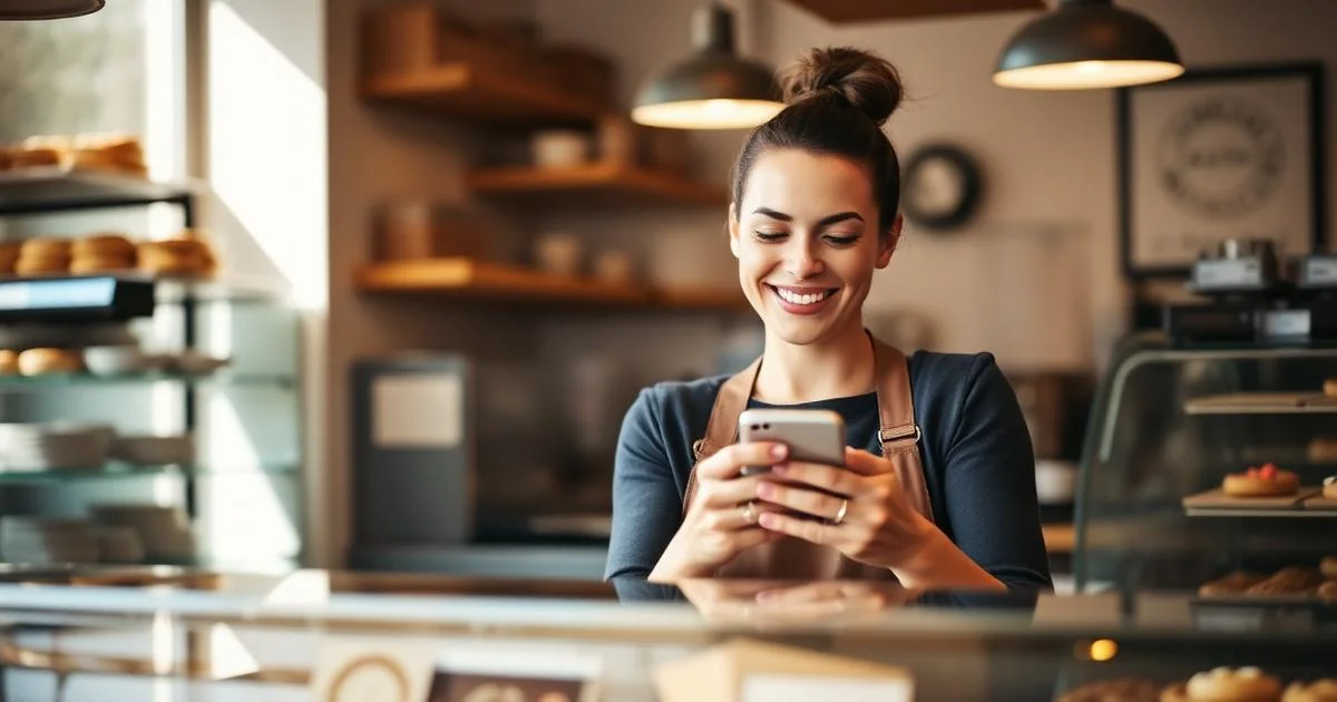 Friendly local business owner smiling behind bakery counter while checking phone notifications