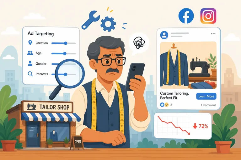 Facebook ad with low engagement and a declining chart beside targeting settings being inspected