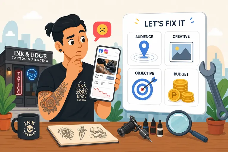 Local tattoo studio owner reviewing an underperforming Facebook ad campaign next to a fix-it checklist