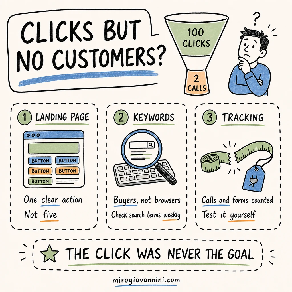 Infographic explaining why Google Ads get clicks but not customers: unfocused landing page, broad keywords, and broken conversion tracking, with a five-point diagnostic checklist