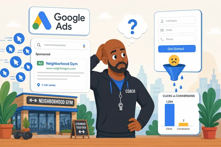 Many ad clicks flowing into a page but few conversions, shown as a leaking funnel beside a chart
