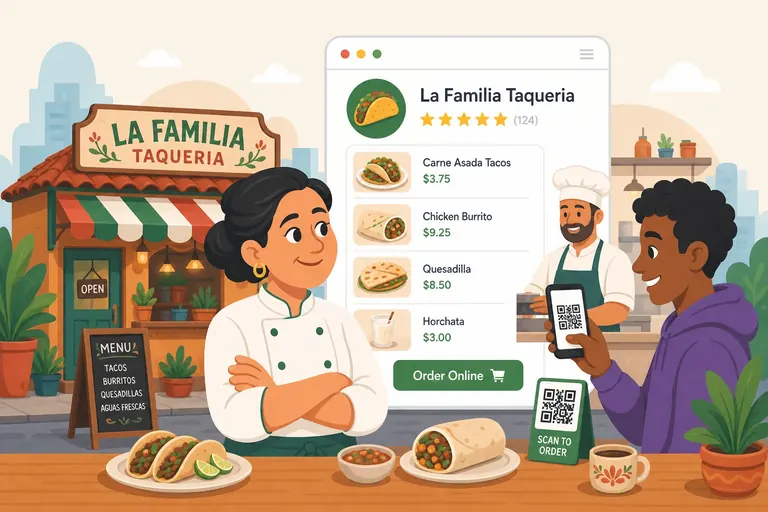 Restaurant storefront next to a website page showing the menu, online ordering button and reviews