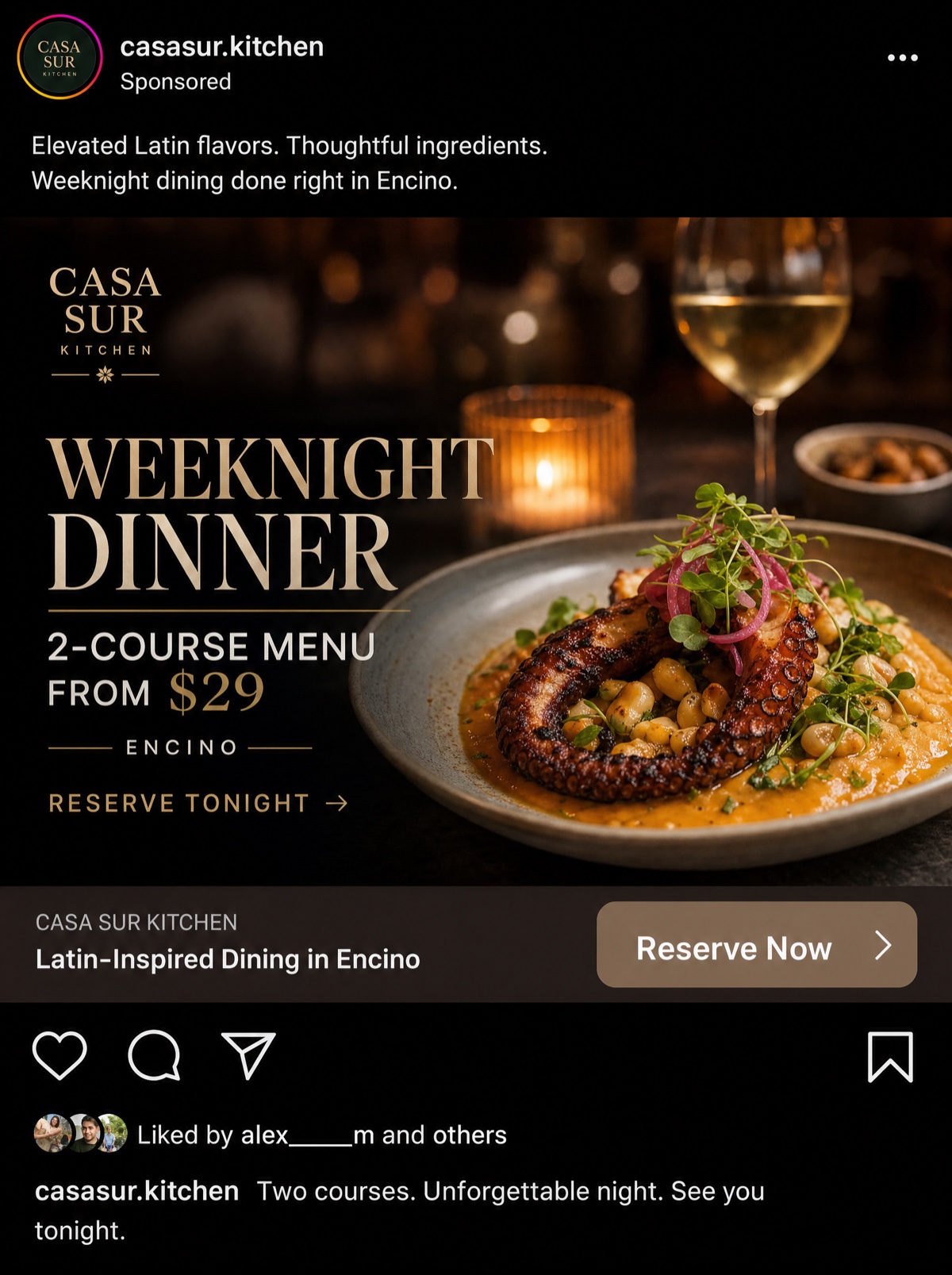 Sample Instagram Feed ad for the fictional restaurant Casa Sur Kitchen