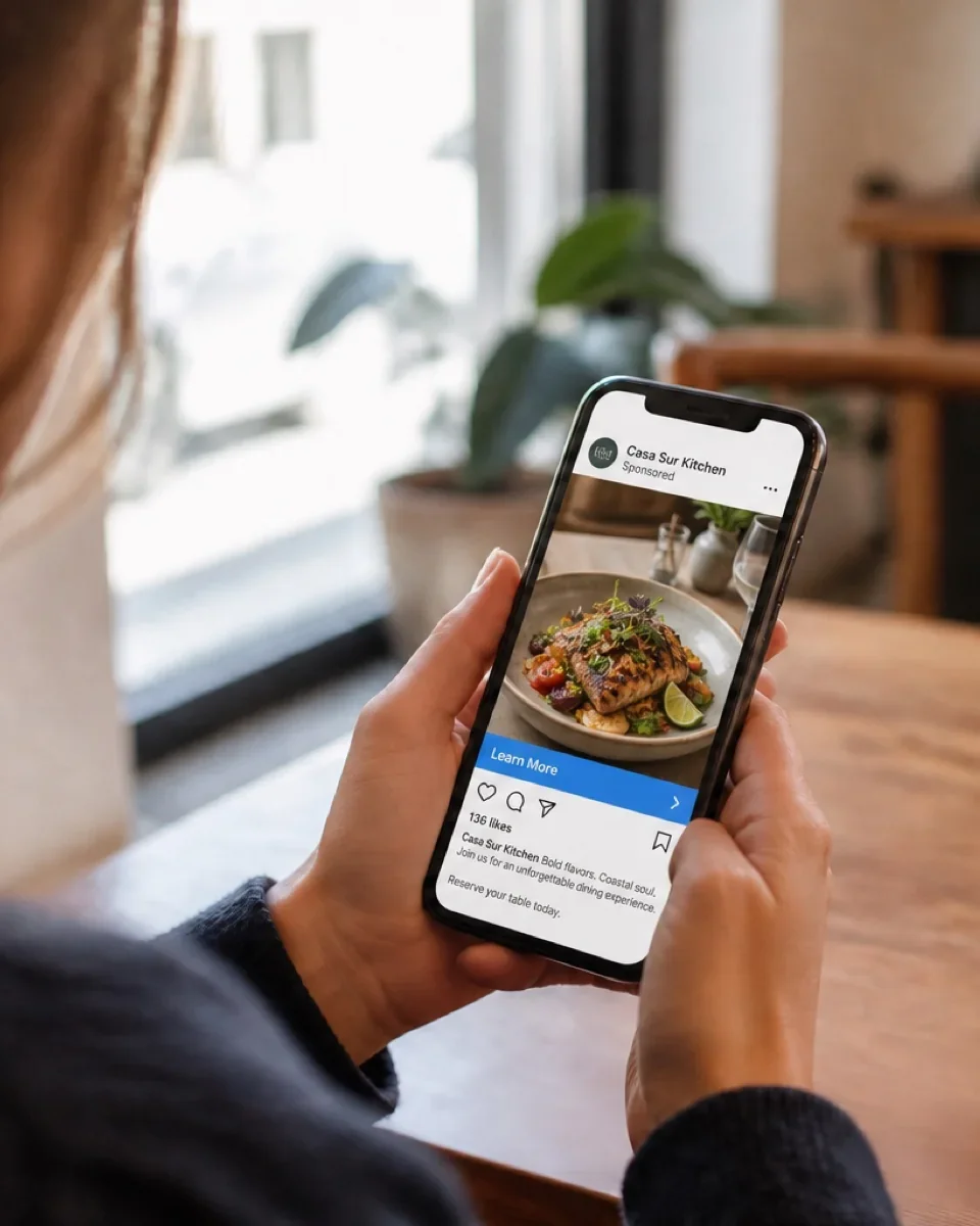 Person discovering local business content while browsing a social feed on a phone