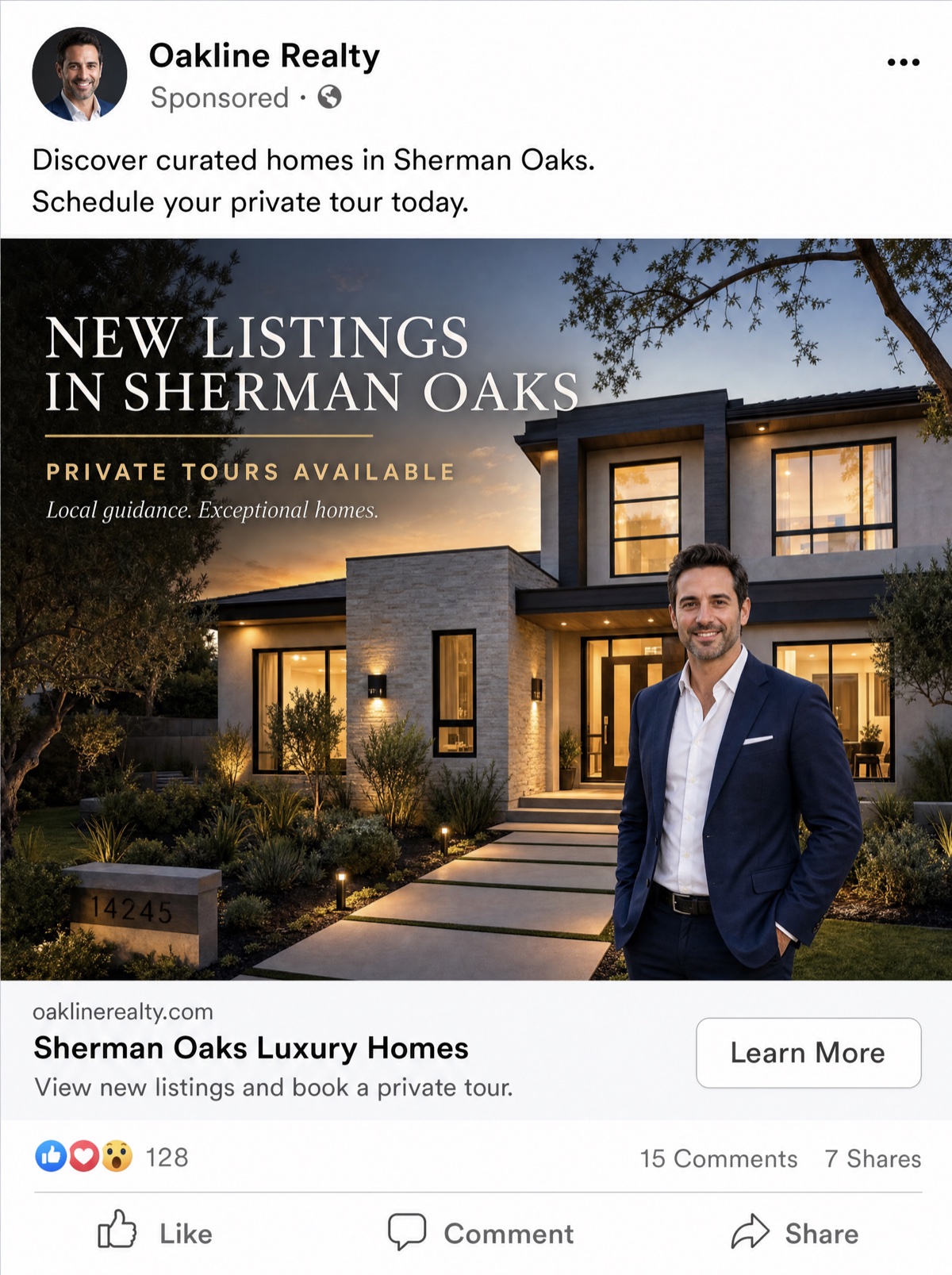 Sample Facebook Feed ad for the fictional real estate brand Oakline Realty