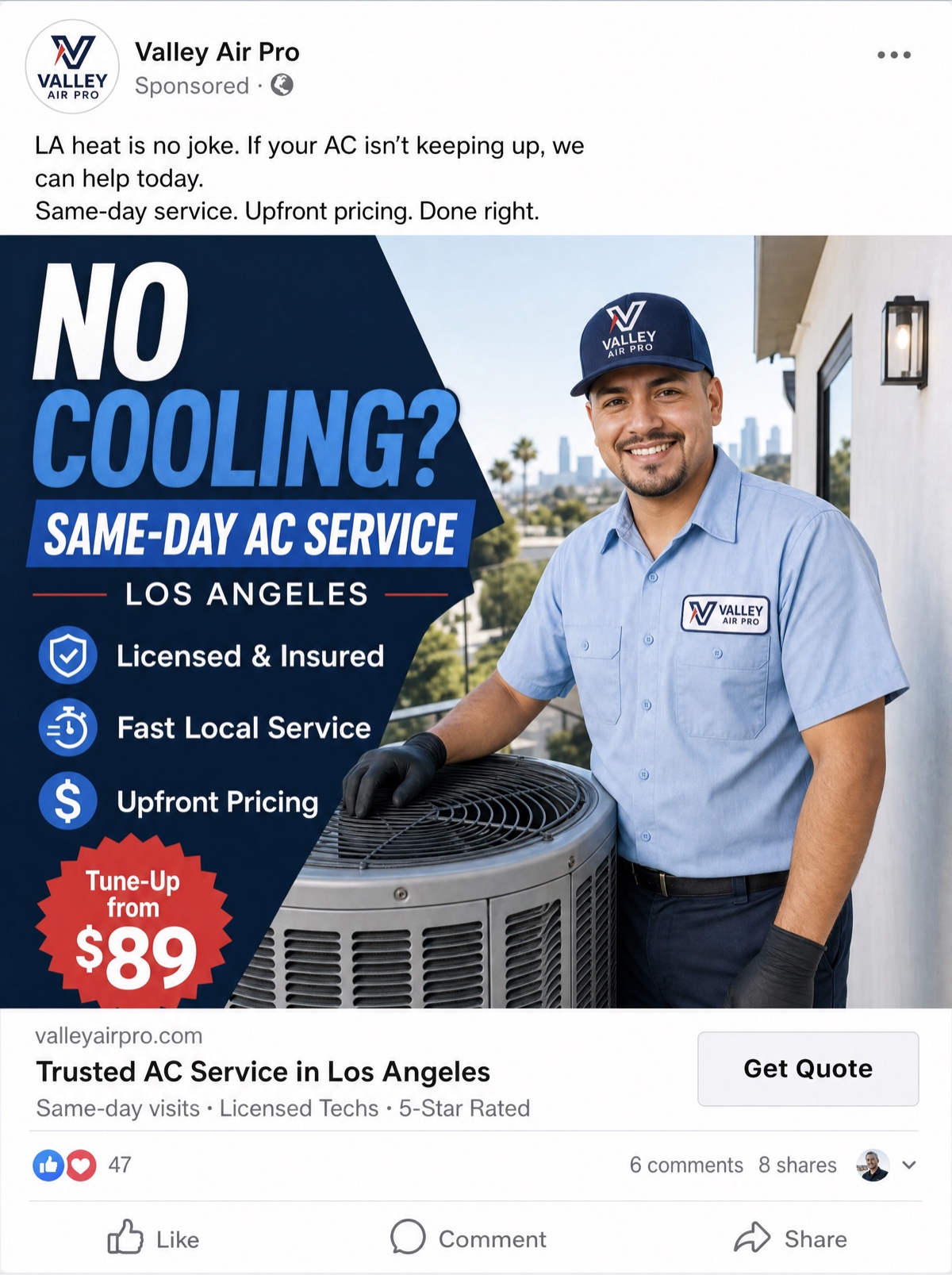 Sample Facebook Feed ad for the fictional HVAC company Valley Air Pro