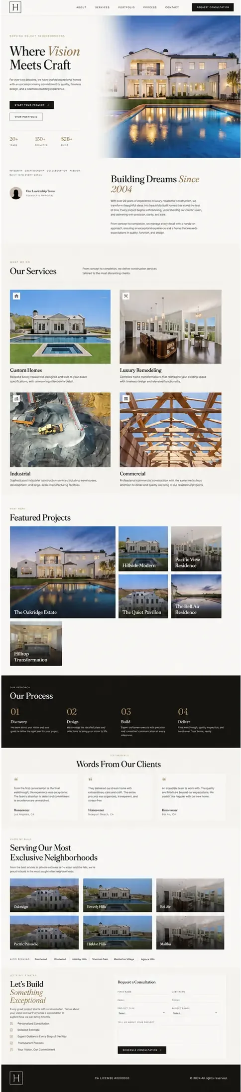 Anonymized final full-page website for a luxury residential builder