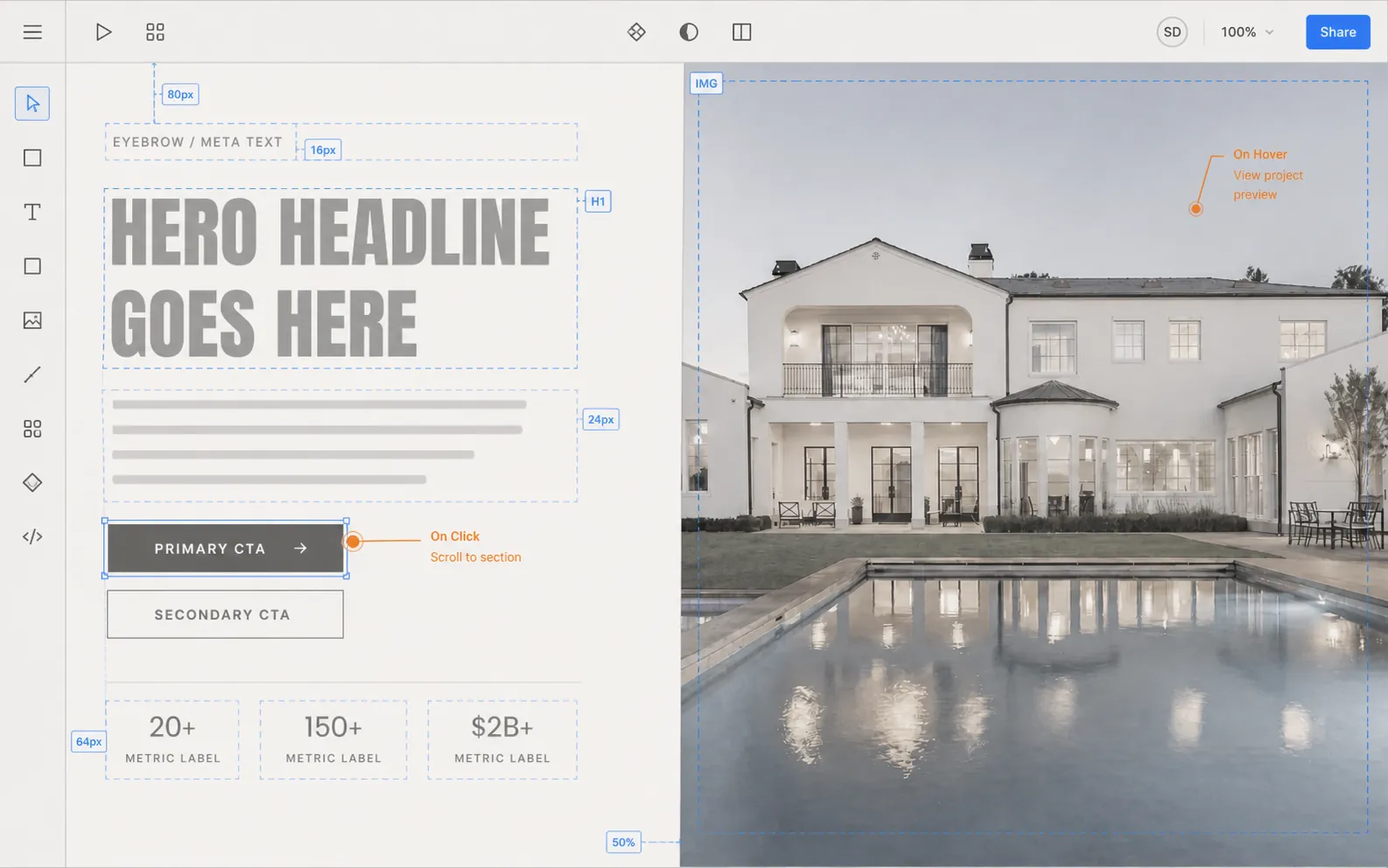 Anonymized high-fidelity residential builder prototype inside a design tool with layout guides and interaction annotations